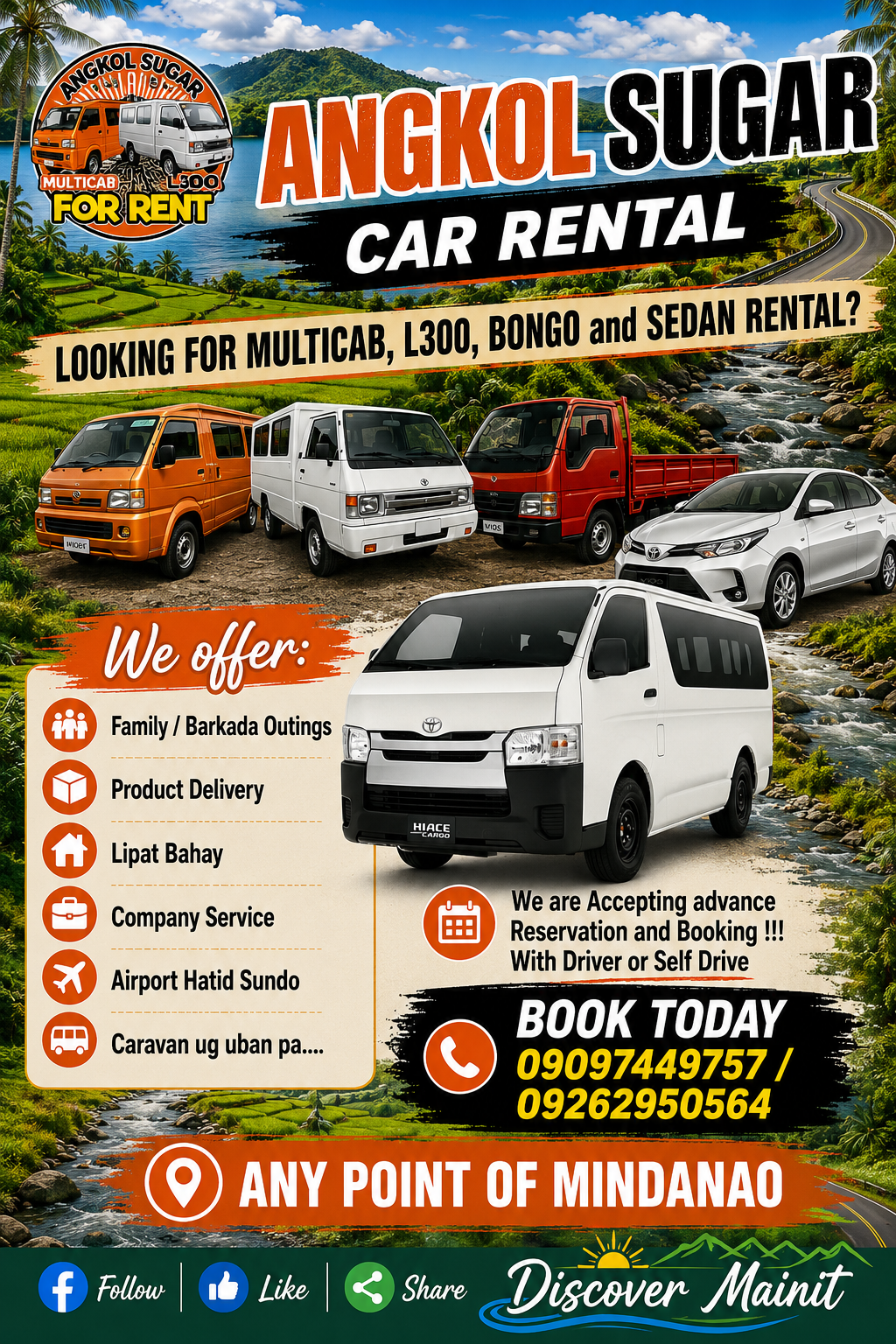 Fleet of Toyota Hiace, Multicab, Mitsubishi L300, Mazda Bongo, and sedan vehicles available for rental at Angkol Sugar Car Rental.